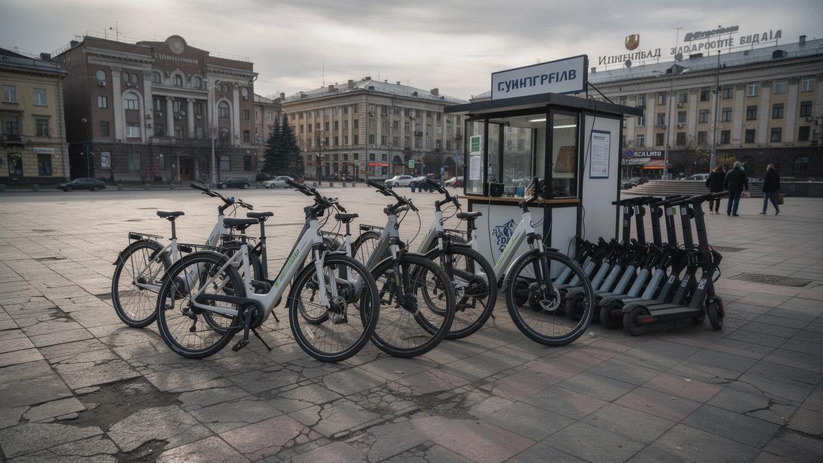 Charged e-bikes and folded scooters lined up at the Kyiv rental counter