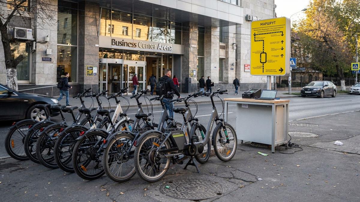 Row of parked e-bikes and scooters at a rental hub desk on a Kyiv city street